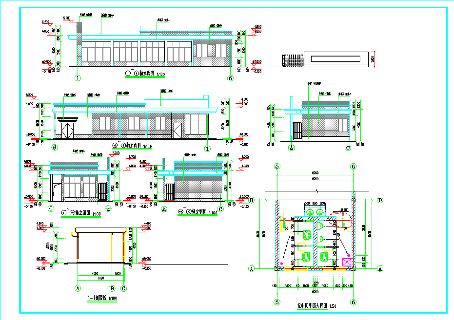 工业园门卫室建筑施工立剖面CAD参考图集