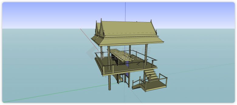 两层双坡屋顶景观亭su模型-图二