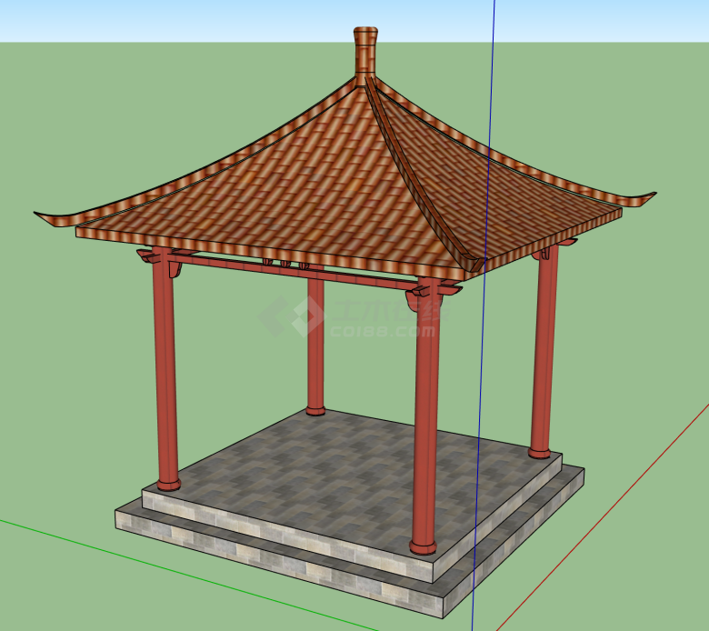 中式木质简单四角亭su模型-图二