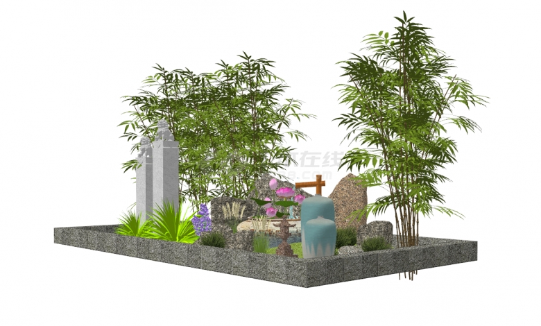 新中式石狮莲池诗意唯美庭院竹子盆栽su模型-图一
