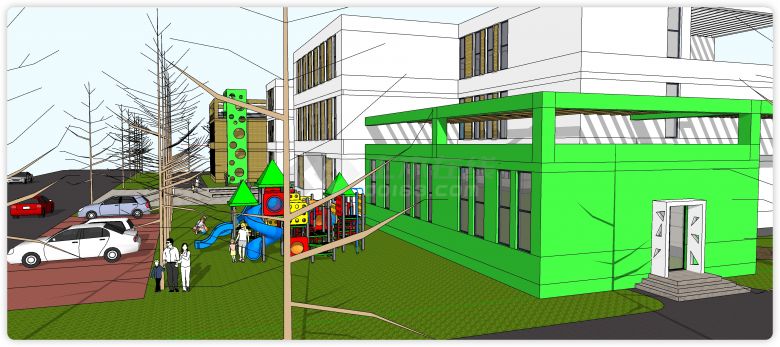 黄色绿色主体幼儿园su模型-图二