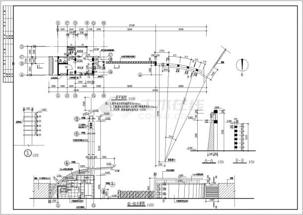 南方某地区中学校门建筑施工图（共3张）-图一