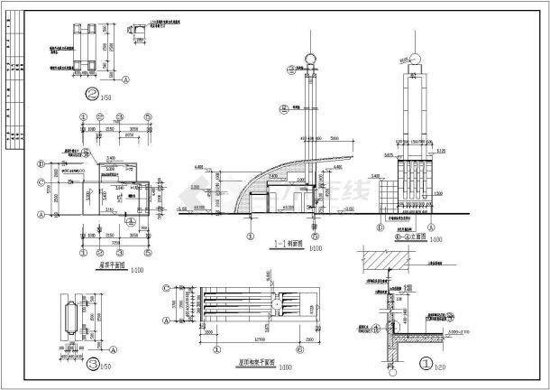 南方某地区中学校门建筑施工图（共3张）-图二