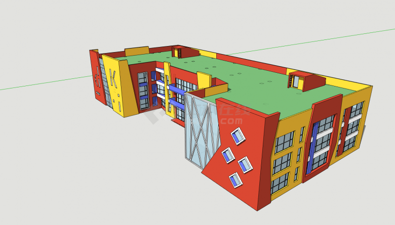红黄蓝三色外墙绿色屋面幼儿园su模型-图二
