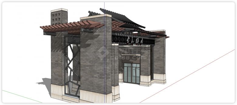 灰色砖结构新中式大门入口su模型-图二