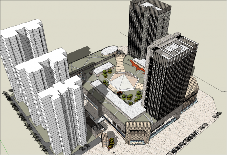 大型综合商业项目底下5层商业上面两栋塔楼su模型-图一