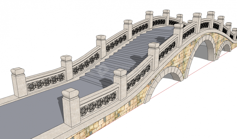圆形铜钱花纹护栏中式拱桥su模型-图二