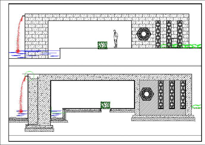 新中式漏空流水景墙设计施工图_图1