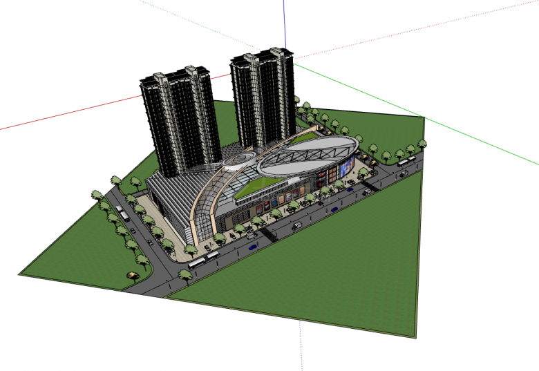 带绿色草皮的商业综合体su模型 -图一