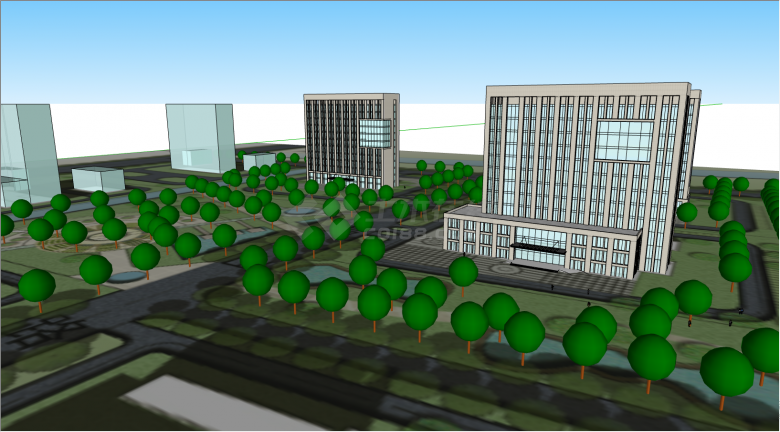 多栋的带有茂密树木的办公楼su模型-图二