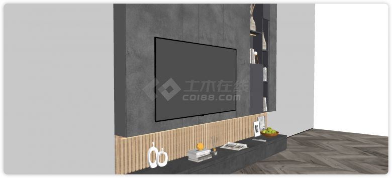 灰色岩板现代电视背景墙SU模型-图二