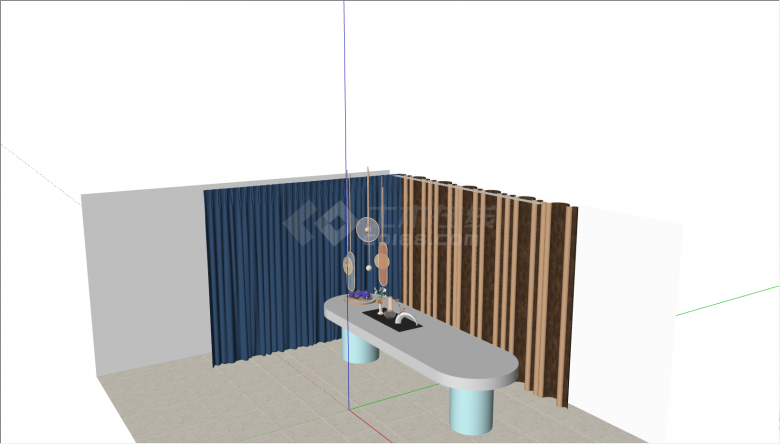 一件带有窗帘桌子吊灯的屋子su模型-图二