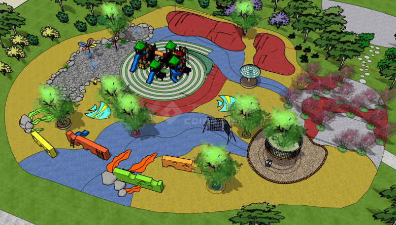 海草和小雨装饰画地面和喷水池儿童活动场地su模型-图一