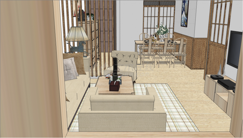 简约现代的风格带有原木家具的房间su模型-图二