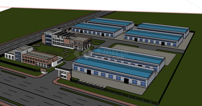 带有多个厂房蓝颜色的工业园su模型-图二