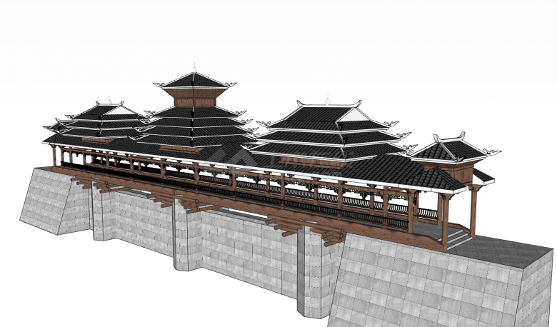 木质结构白色屋檐黑色瓦片侗族特色风雨桥su模型-图二