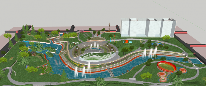 现代带喷泉的滨河公园su模型_图1