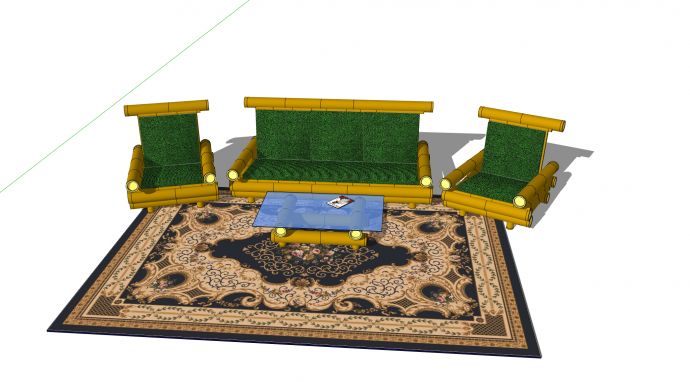 绿色海绵沙发垫竹制单人座和双人座沙发su模型_图1