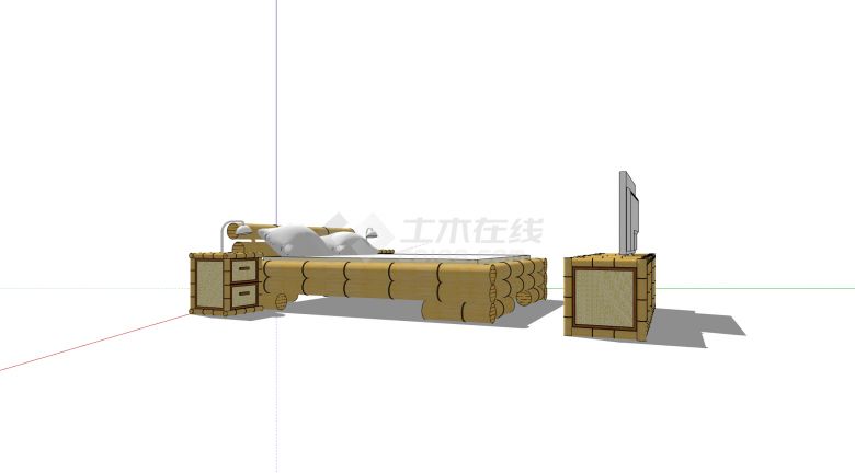 竹制电视柜竹制床头柜和竹制床组合su模型-图一