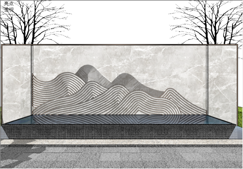 新中式金属线条雕塑禅意山水景墙山石片岩su模型-图一