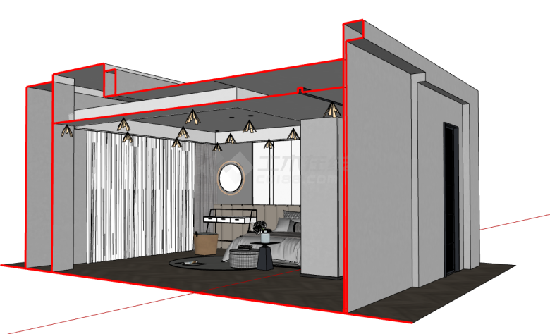 带有白色窗帘的现代卧室su模型-图一