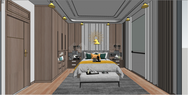 新中式现代高级双人卧室su模型-图二
