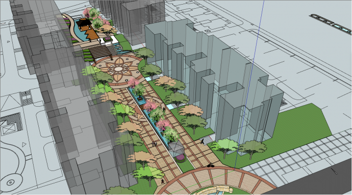 有绿植和绿化的商业步行园林广场公园su模型_图1