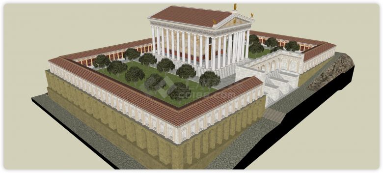四边长廊围绕白色主体古罗马建筑su模型-图一