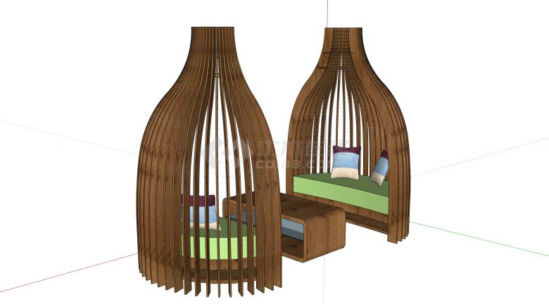 对称破开鸟笼造型沙发和竹子茶几su模型-图二