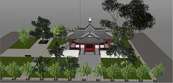 中式红色舍利殿建筑su模型_图1