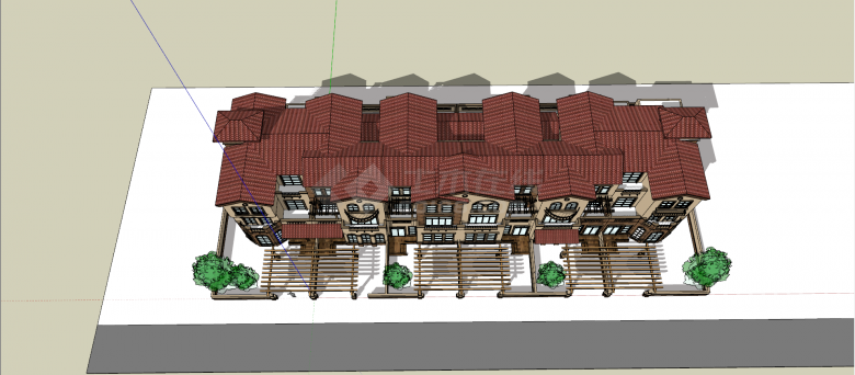 三层红色坡顶联排别墅su模型-图二