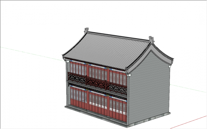 中式红色硬山樨头双面建筑su模型_图1