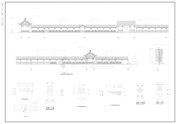 仿古亭廊建筑cad施工图（景观亭+长廊）-图一