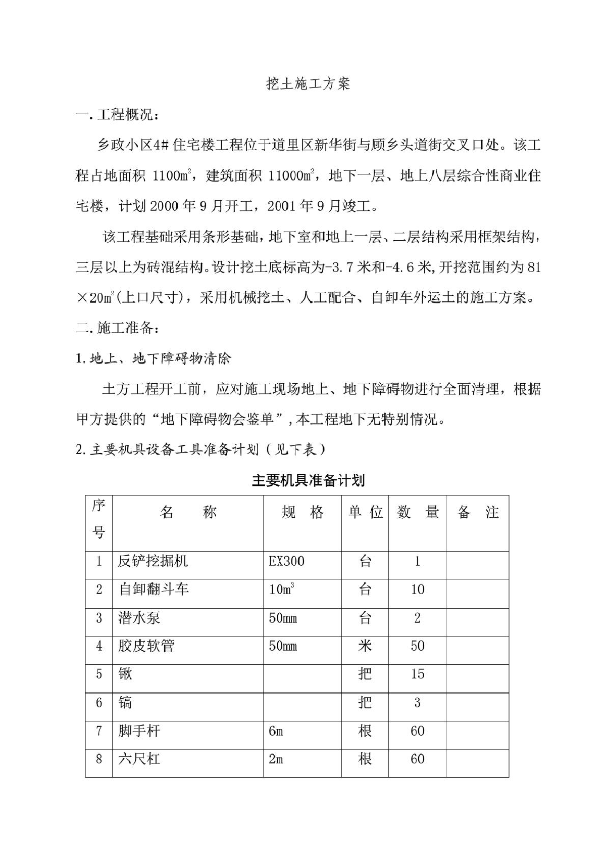 住宅楼工程基础挖土施工方案