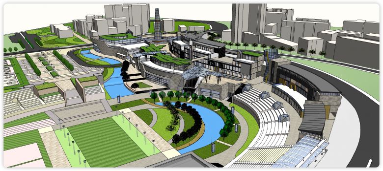 绿化带小河景观某体育场改造的商业内街su模型-图二
