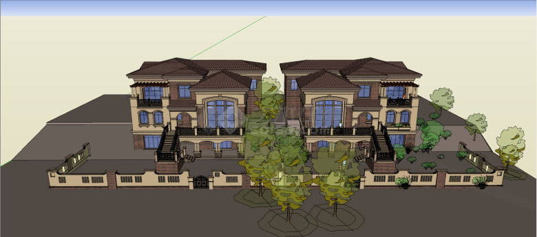 欧式咖啡色坡顶联排别墅su模型-图一