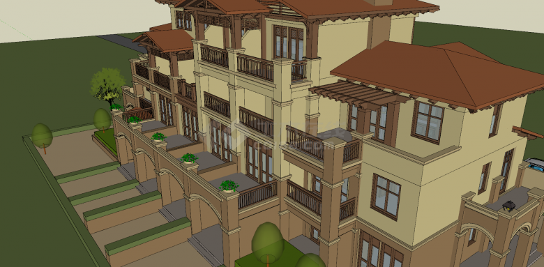 三层公寓棕色屋顶su模型-图一