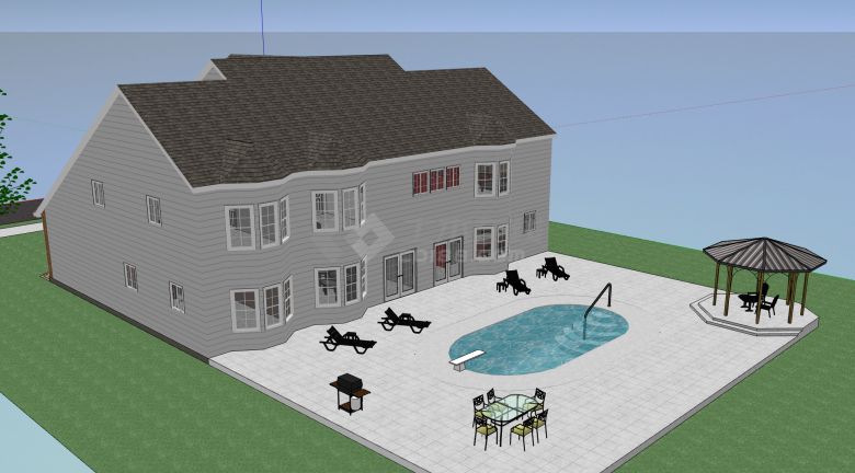 砖木结构白色屋檐和户外泳池美式别墅su模型-图二