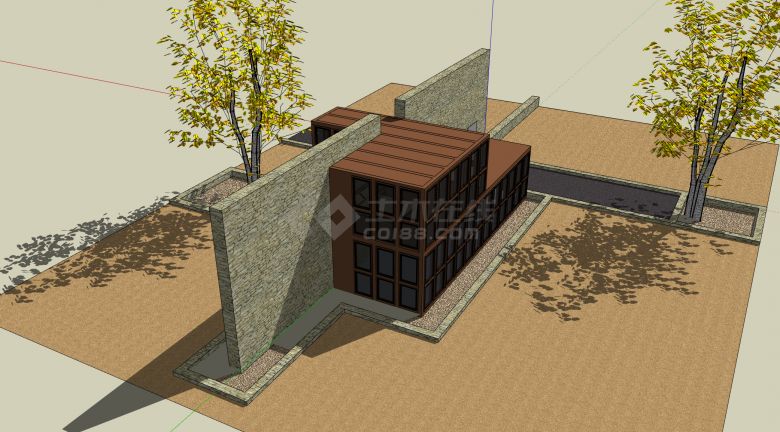 大型石头墙和咖啡色平顶双层别墅su模型-图一
