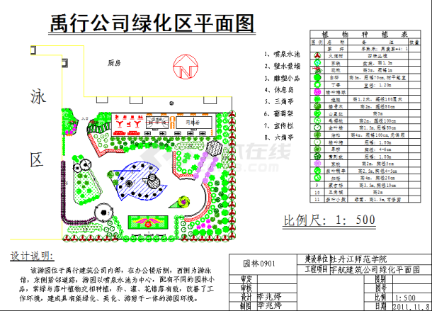 某地某公司庭院绿化平面图（含设计说明）-图一