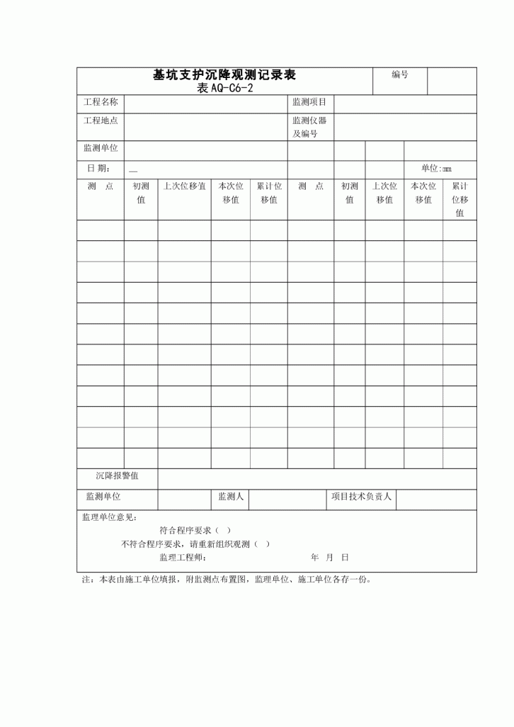 基坑支护沉降观测记录表范本-图一