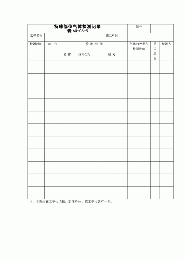 特殊部位气体检测记录表格范本-图一