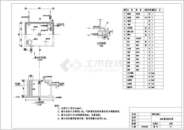100立方米水池给排水设计图纸-图一