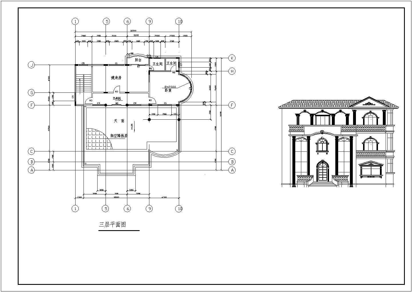 简洁中空三层新农村房屋建筑设计户型图