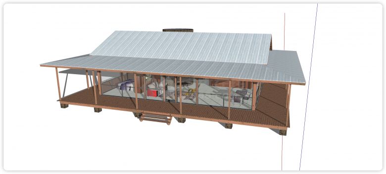 浅灰色屋顶四面玻璃地面木结构木屋su模型-图一