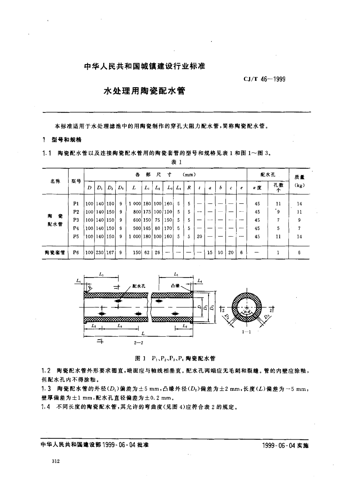 CJT 46-1999 水处理用陶瓷配水管-图二