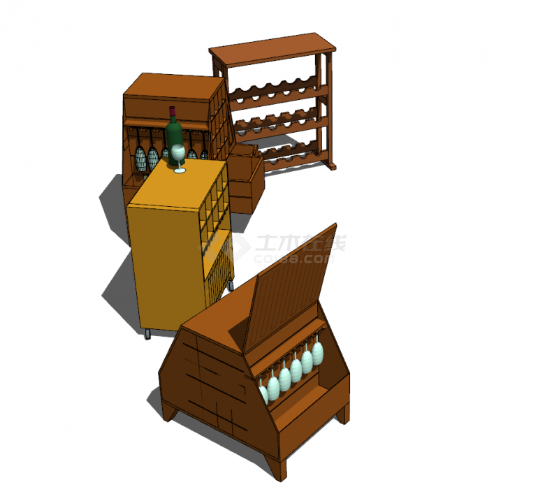 四个木质的酒柜组合su模型-图二