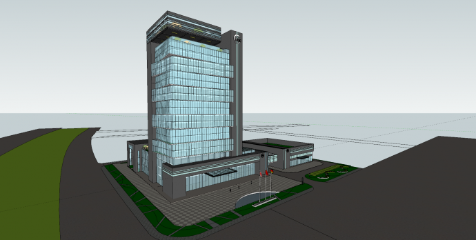 高层办公楼灰色外观蓝色玻璃su模型_图1