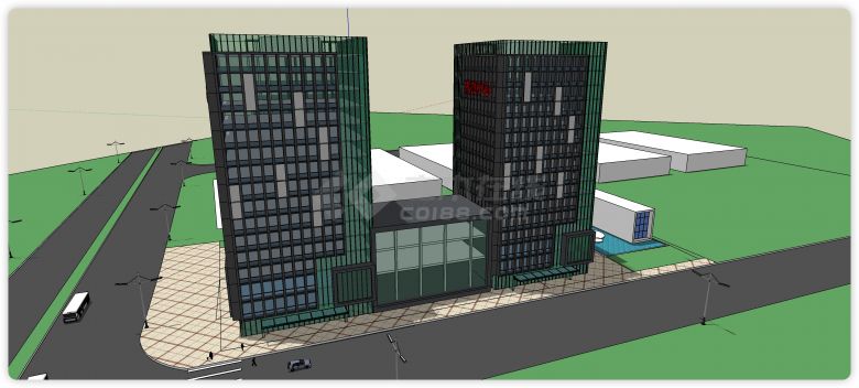 黑色钢结构绿色玻璃主体办公楼su模型-图二