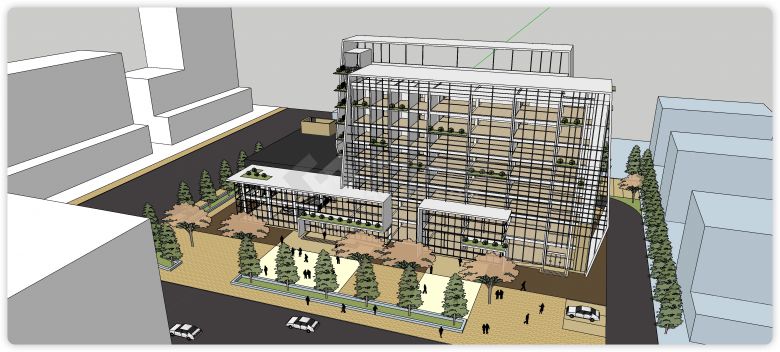 白色钢结构玻璃主体空中花园办公楼su模型-图二